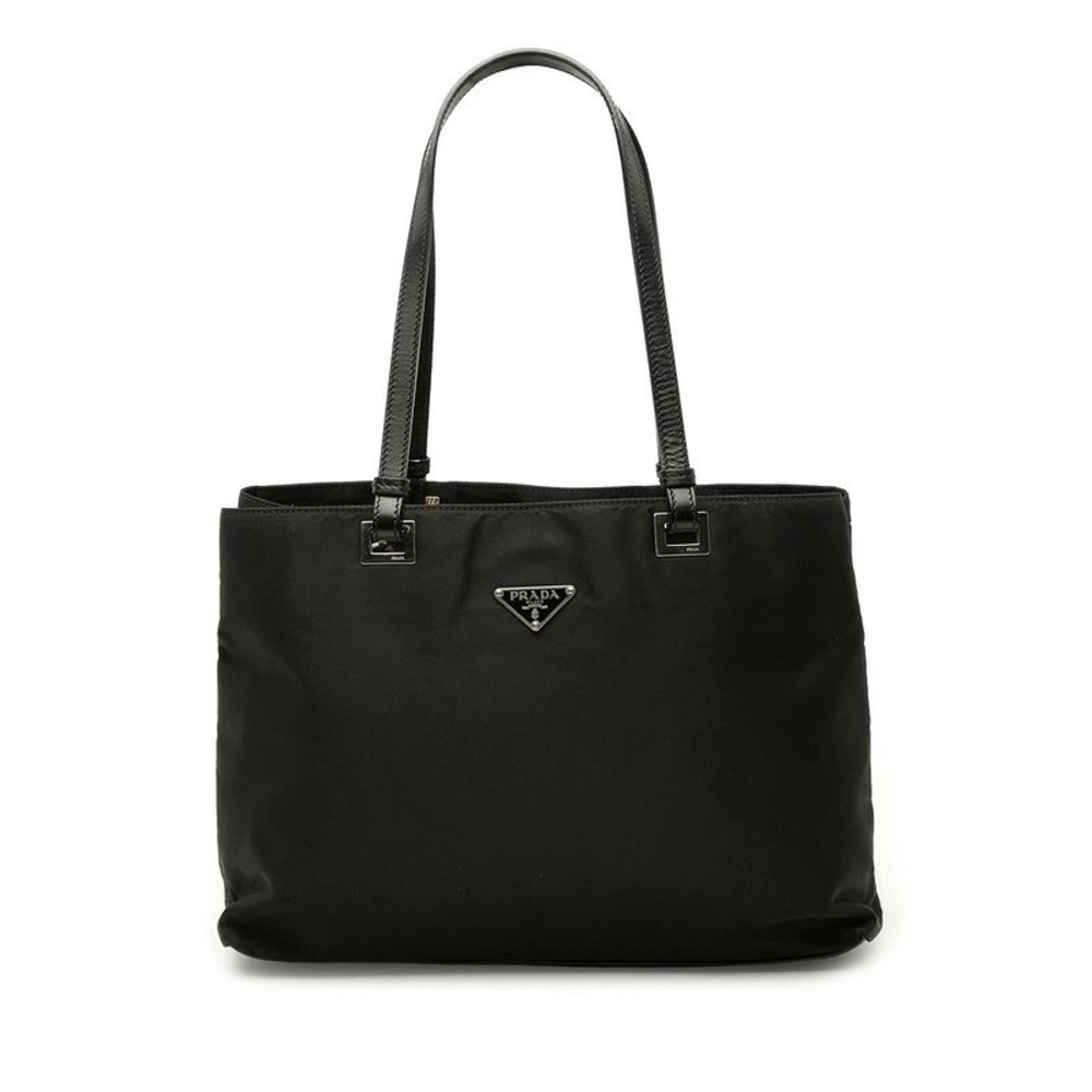 Prada Triangle Plate Tote Bag Shoulder Black Leather